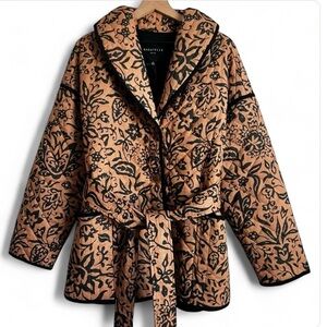BAGATELLE Quilted Jacket Button Tie Belt Floral Black Camel XL NWT